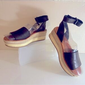 Lucky Brand  Black Leather Ankle Strap Heeled Espadrilles  Comfy Size 8 M